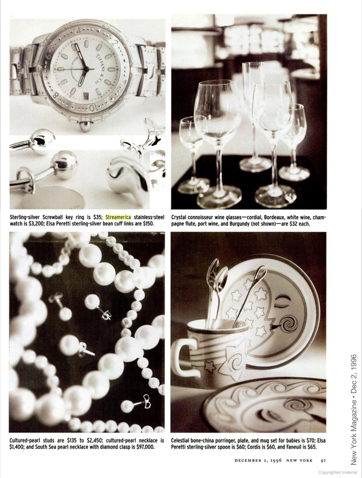 Tiffany & Co. Streamerica Stainless Steel Collection Advertisements Watch editorial Ads New York Magazine 1996  Prices Price Worth