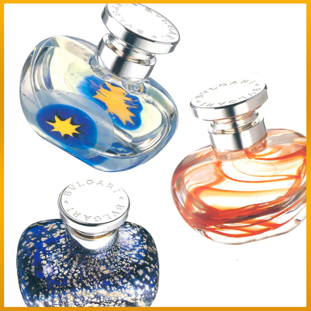 Bvlgari Bulgari Murano Italy Crystal Perfume Bottle Carlo Moretti Sterling Silver Numbered Limited Edition Leather Box Blue Orange Swirl