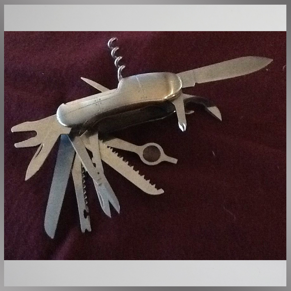 Small Tiffany & and Co. Streamerica Carapace Pocket Knife Stainless Steel Swiss Made Switzerland 12 Tools phillip’s head screwdriver, can opener, knife blade, corkscrew, toothpick, wrench, nail file, second knife blade, saw blade, scissors, second saw blade, and a magnifying glass!