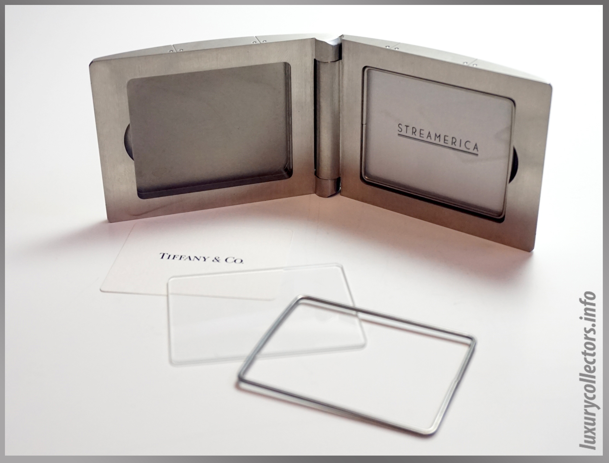 Opened Tiffany and & Co. Featured Image of Streamerica Metrozone Travel Fold Compact Photo Picture Frame in Stainless Steel
