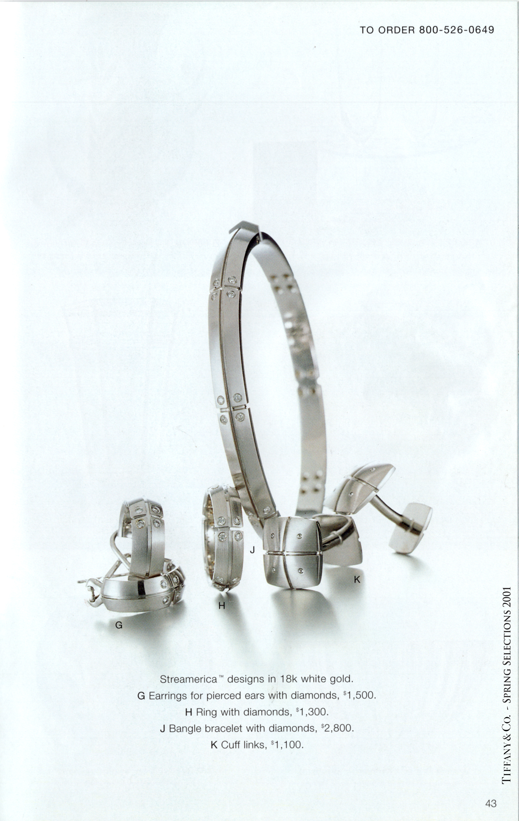 Tiffany & and Co. Streamerica 18k 750 White Gold Diamonds Wedding advertisement Catalog Prices Complete Line Hoop Earrings Bangle Bracelet Double Ring Cufflinks Men 