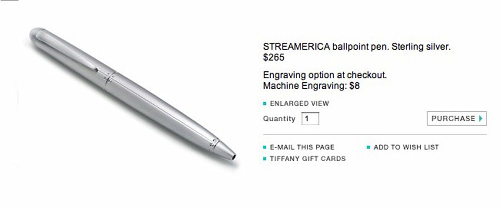 Ballpoint Pen Tiffany & and Co. Streamerica Sterling Silver Collection 2002 .925 Online Web Advertisement Price Ad