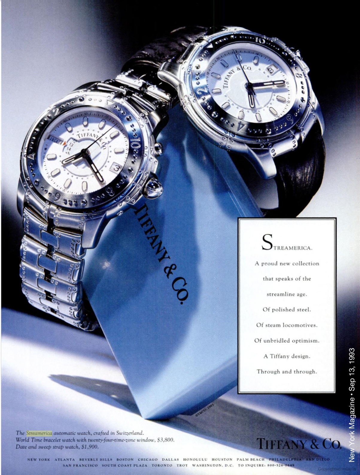1993 advertisement from Tiffany & Co. Stainless steel World Time Automatic Watch and Automatic Chronometer with leather band. Tiffany & Co. Streamerica Stainless Steel Collection Advertisements Watch Ads New York Magazine September 13,1993 Prices Price Worth