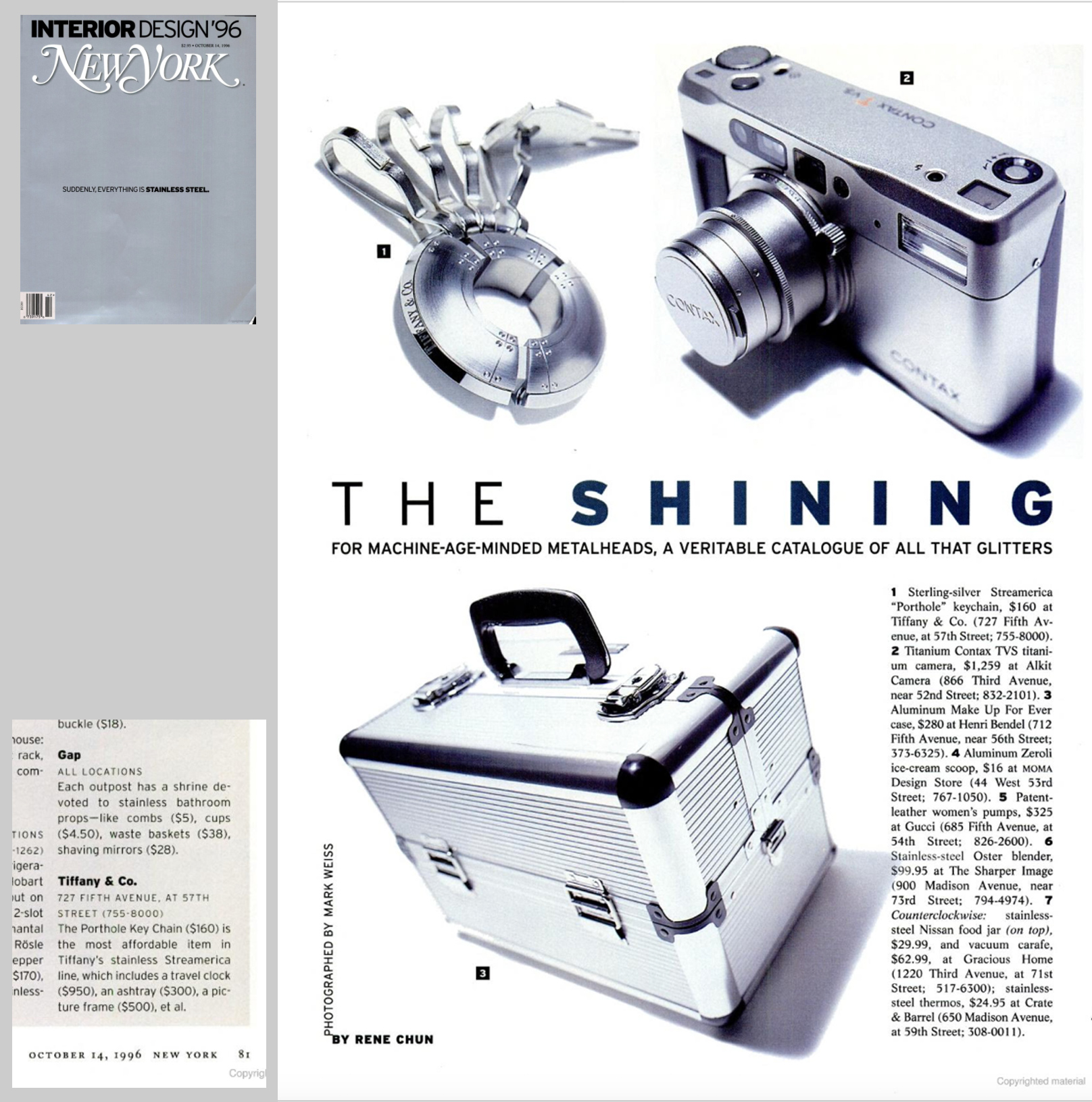 Advertisement Editorial Price Tiffany & Co. Streamerica Stainless Steel Collection Porthole Keychain Key ring Ads New York Magazine Oct 14, 1996 Worth