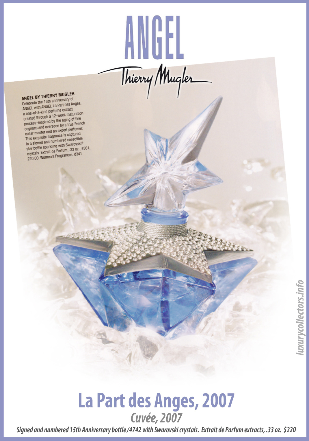 Thierry Mugler Angel Perfume La PArt des anges Angels (Etoile), 2007. Perfume Bottle Collecting 15th anniversary