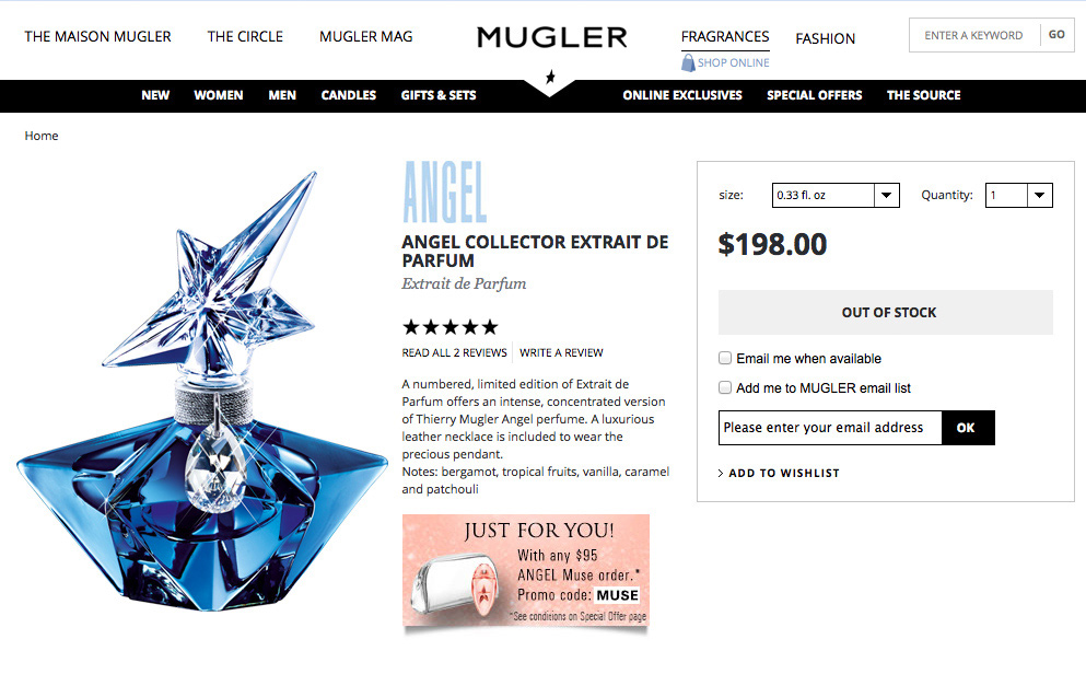 Thierry Mugler Angel 20 Years Perfume Collector's Limited Edition Bottle 2008 Superstar Deluxe Palace Collection Extrait de Parfum 2009 Online ad price Swarovski