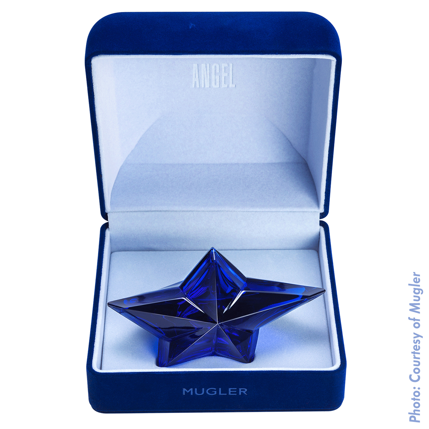 Thierry Mugler Angel Perfume Collector's Limited Edition Bottle 2017 Deep Blue Sapphire Star Velvet Box Side Display