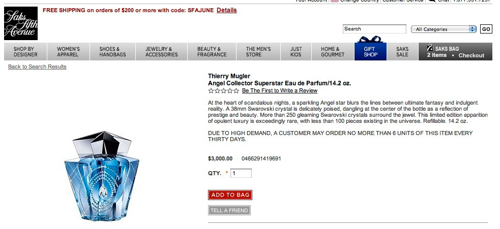 Saks Website advertisement Price Thierry Mugler Angel Perfume Collector's Limited Edition Bottle 2009 Swarovski Pendant Crystal Collector Superstar Palace Collection Box