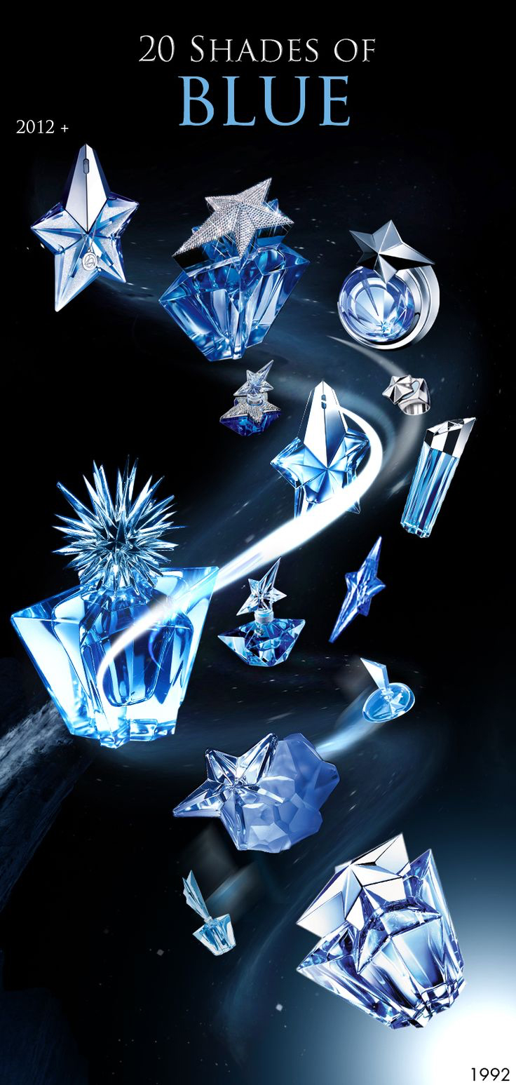 “20 Shades of Blue” from 2012, celebrating 20 years of Thierry Mugler’s Angel Perfume of 1992.  Showcasing 2012’s Precious Star, 2007’s Dream of Superstar, 2007’s La Part des Anges, Eau de Toilette bottle, Standard Precious purse spray, Solid Perfume ring,  Rising Star bottle, 2004’s Star Instinct, 2007’s Caprice de Star, 1999’s The Big Bang, 2002’s A Star is Born, 2000’s Winter Star, 1996’s Glamorous Star, and finally a regular classic bottle at the bottom.