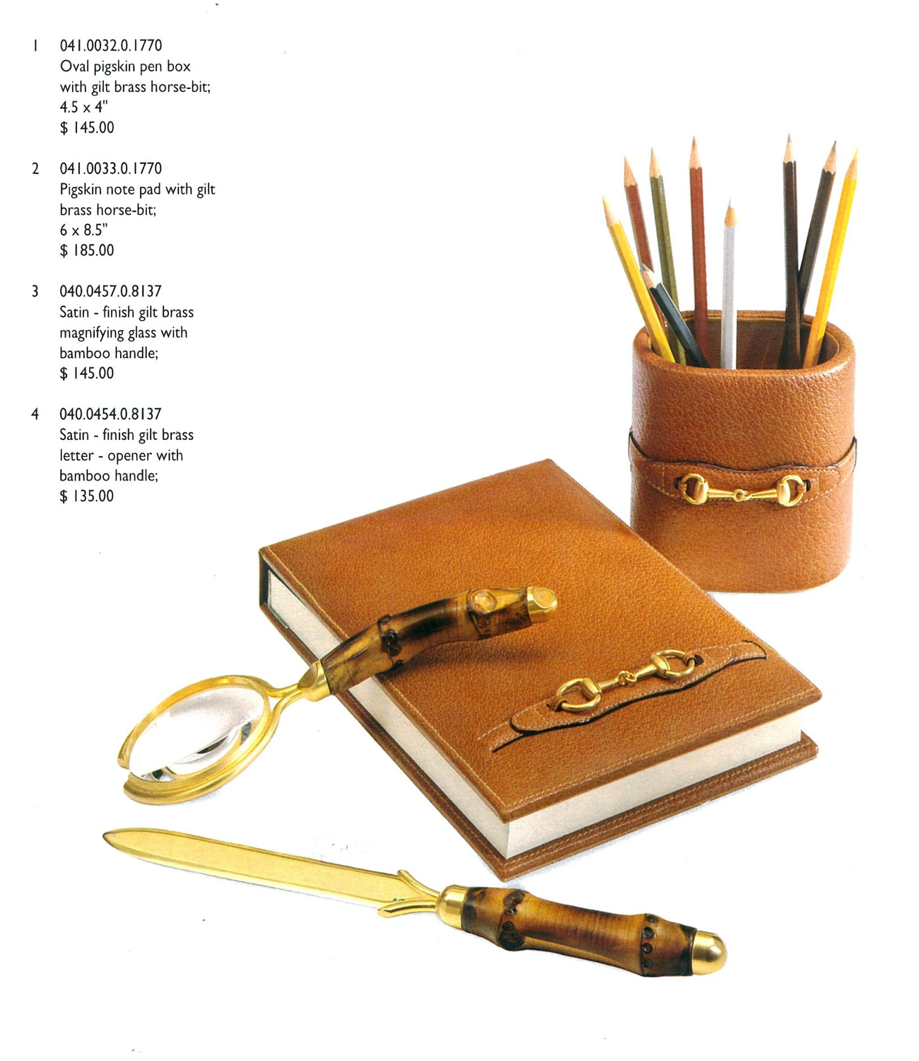Gucci Housewares Desk Leather Accesories 1995 featuring Pigskin Pencup, Desk Pad, Magnifying Glass and Letter Opener with Bamboo Handle