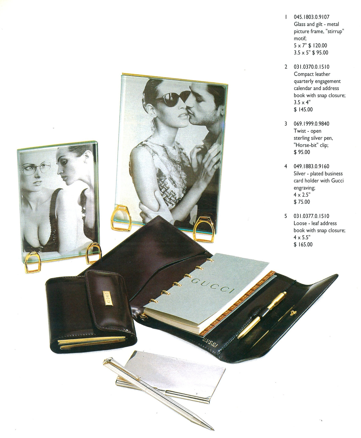 Gucci Desk Accesories 1995 Gilt Brass Stirrup Photo Picture Frames Sterling Silver Pen Buisiness Card Holder