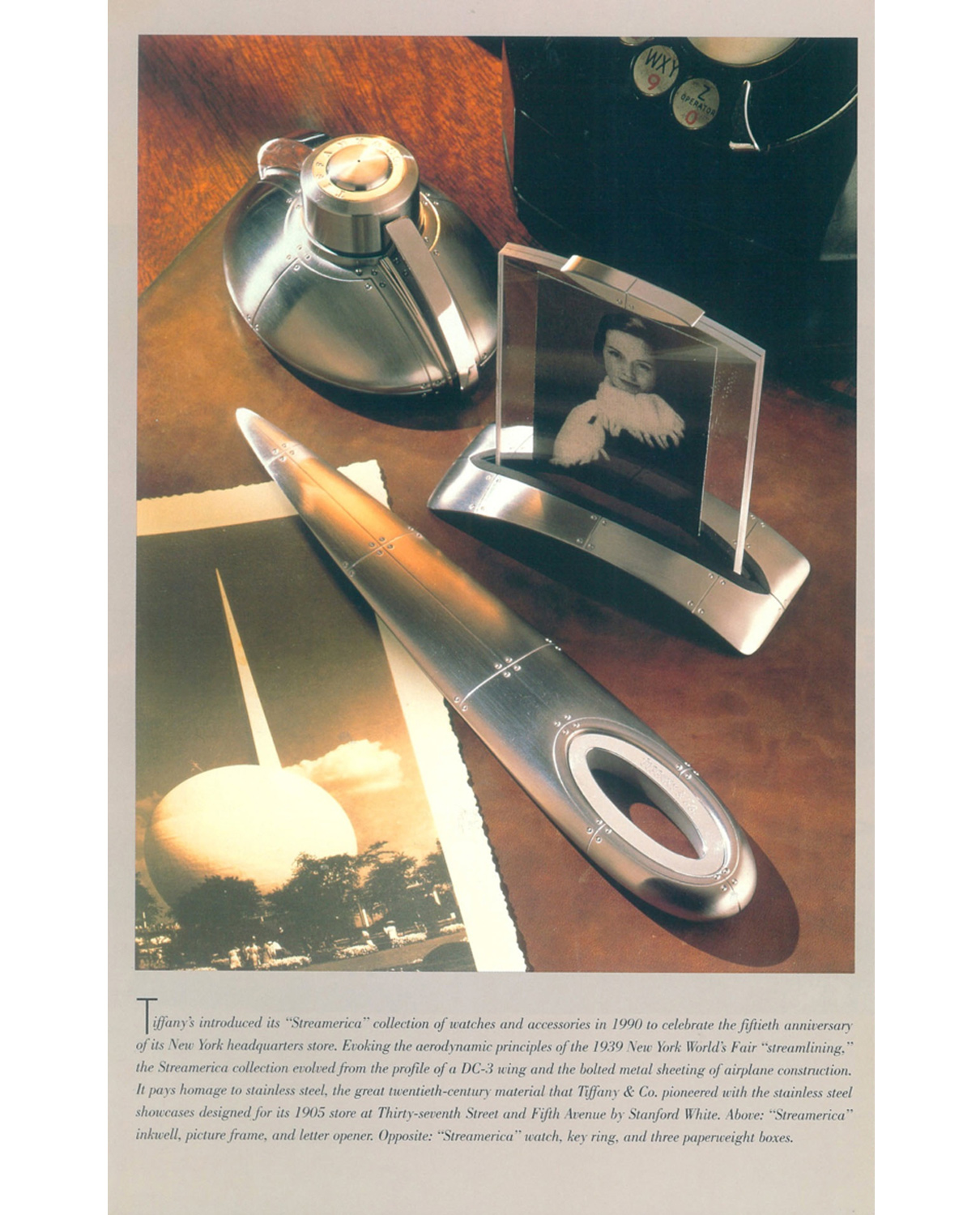 Loring’s 1997 Book: Tiffany's 20th Century: A Portrait of American Style. Airframe Small Picture Frame, Trylon Letter Opener, and Ink Bottle.