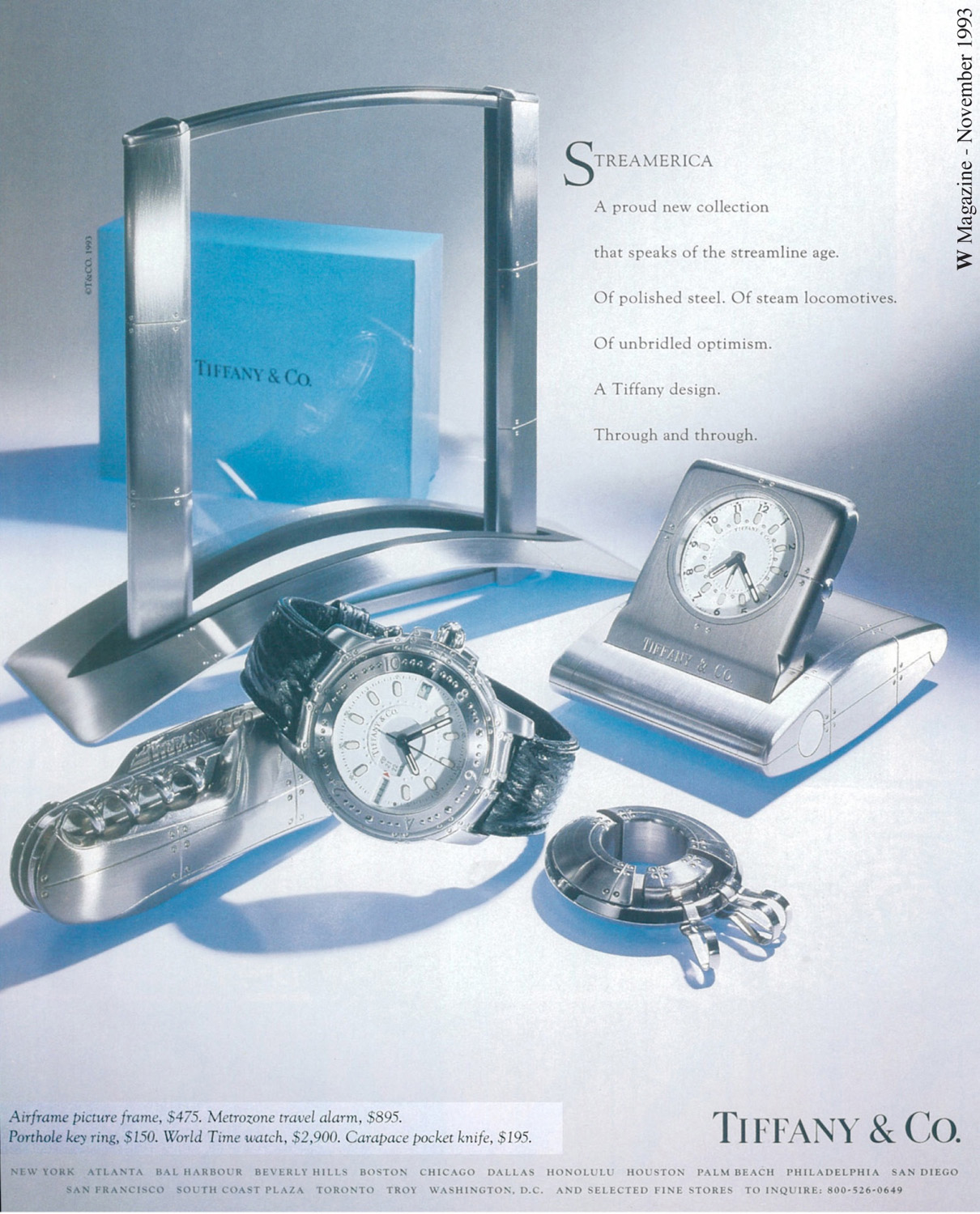 W Magazine Advertisement 1993 debut Streamerica Collection by Tiffany & Co. Airframe Large Picture Frame, Carapace Pocket Knife, World time Watch, Metrozone Travel Alarm, and Porthole Key Ring
