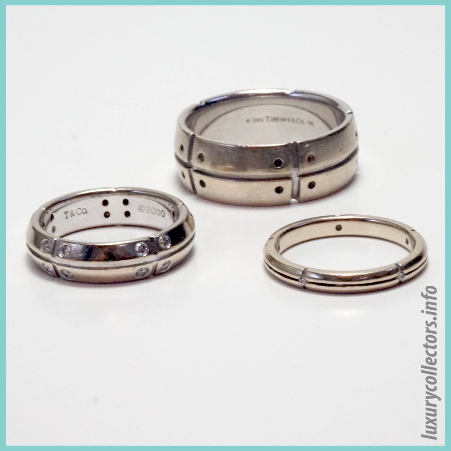 Comparison of three sizes of rings Tiffany & and Co. Streamerica 18k 750 White Gold Double Ring Diamonds 2000 Wedding Bands
