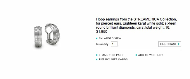Tiffany & and Co. Streamerica 18k 750 White Gold Hoop Earrings Diamonds 2000 Wedding AD Website screenshot snapshot prices