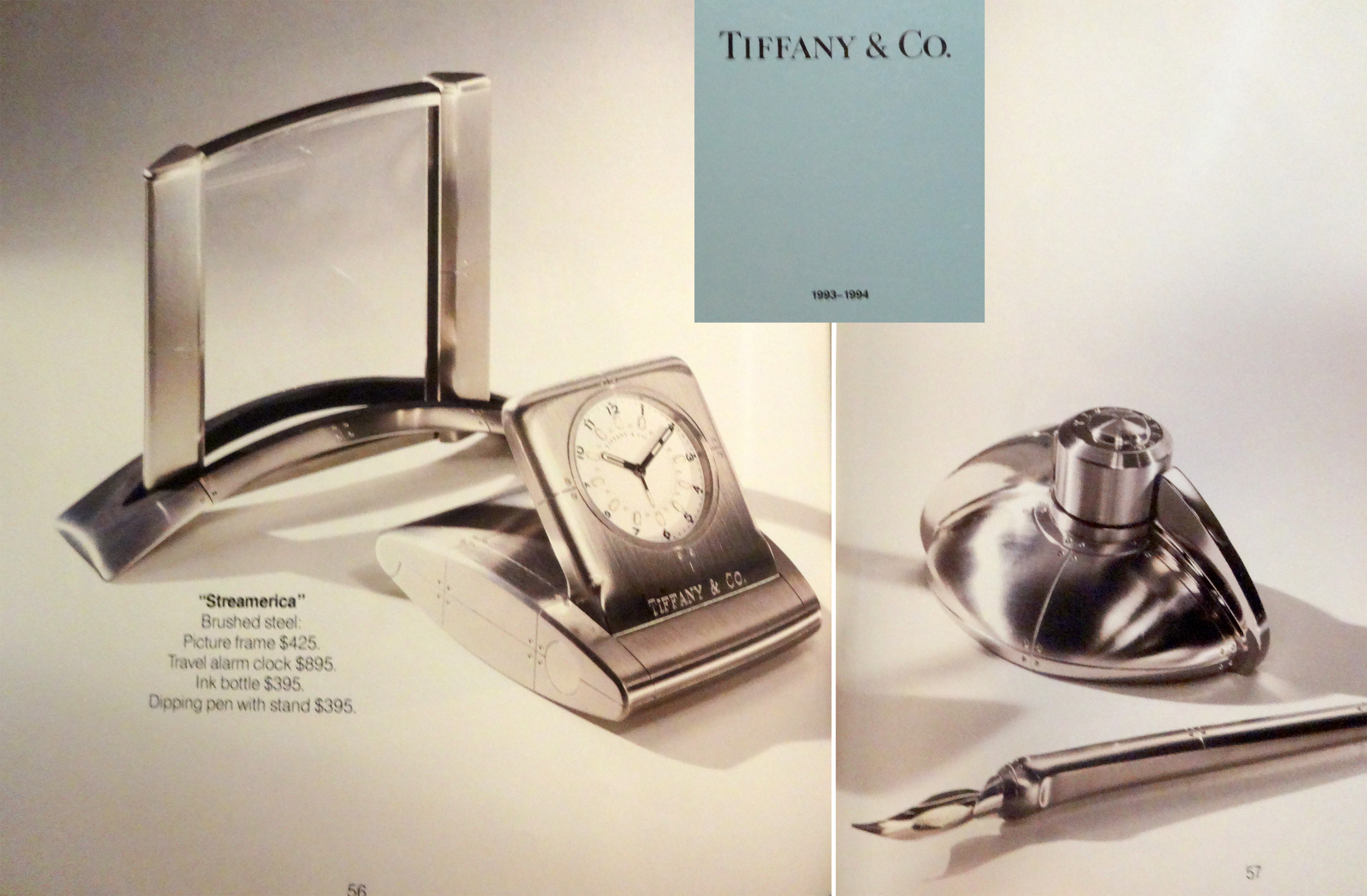 1993 Streamerica Blue Catalog by Tiffany & Co. Tiffany & and Co. Stainless Steel Airframe Medium Picture Frame Metrozone Photo Home Office Collection Desk Airframe Travel alarm Clock Ink Bottle dipping pen airflow 