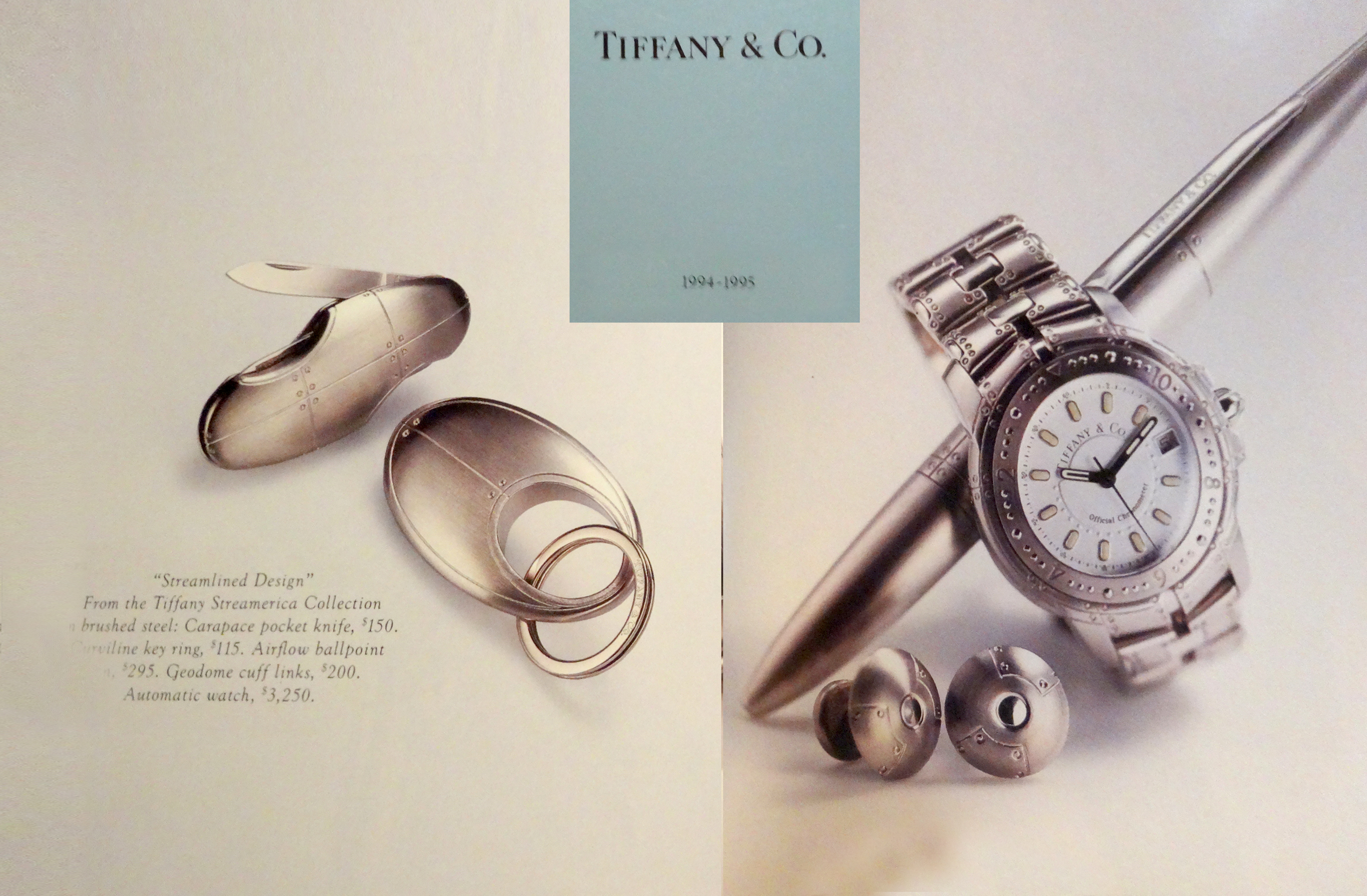 1994 Streamerica Blue Catalog by Tiffany & Co. Tiffany & and Co. Stainless Steel Carapace Pocket Knife, Curviline Key chain, Ballpoint pen, Geodome Cufflinks, Automatic Watch. Price prices