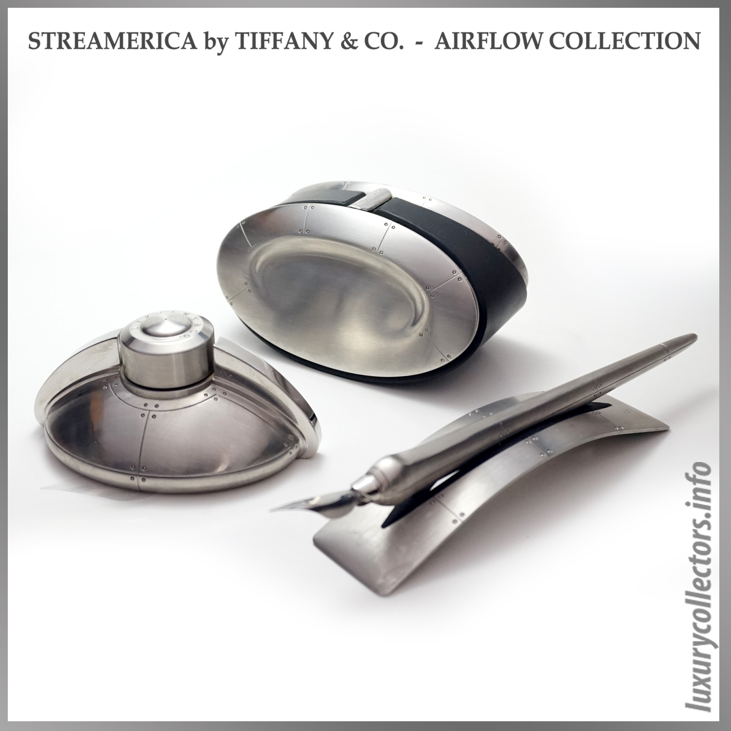 Tiffany & and Co. Streamerica Airflow Ink Blotter Inkwell Inkpen Pen Ink Stand Stainless Steel 1993 Collection
