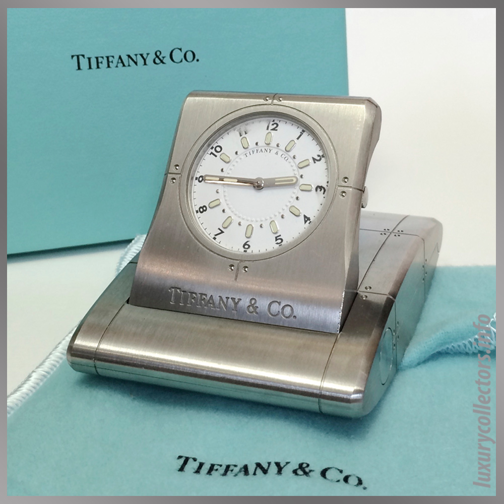 Tiffany & and Co. Streamerica Stainless Steel Metrozone Travel Alarm Clock Time Desk Open Box