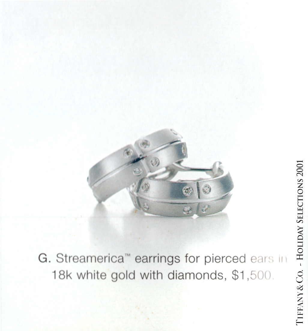 Tiffany & and Co. Streamerica 18k 750 White Gold Hoop Earrings Diamonds 2000 Wedding AD
