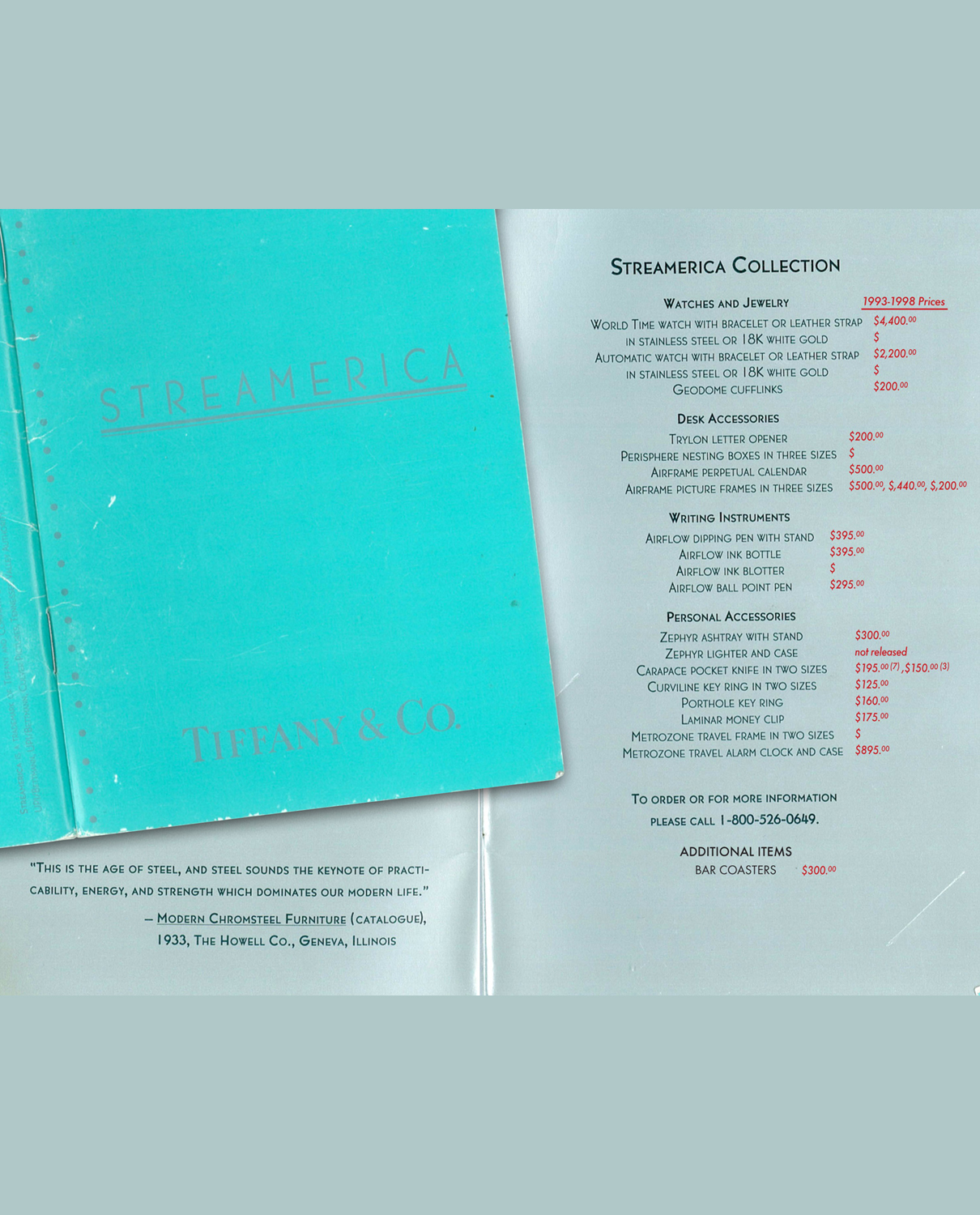 The backpage of the 1993 Streamerica Catalog listing the complete line of Accesories  by Tiffany & Co.  retail prices List