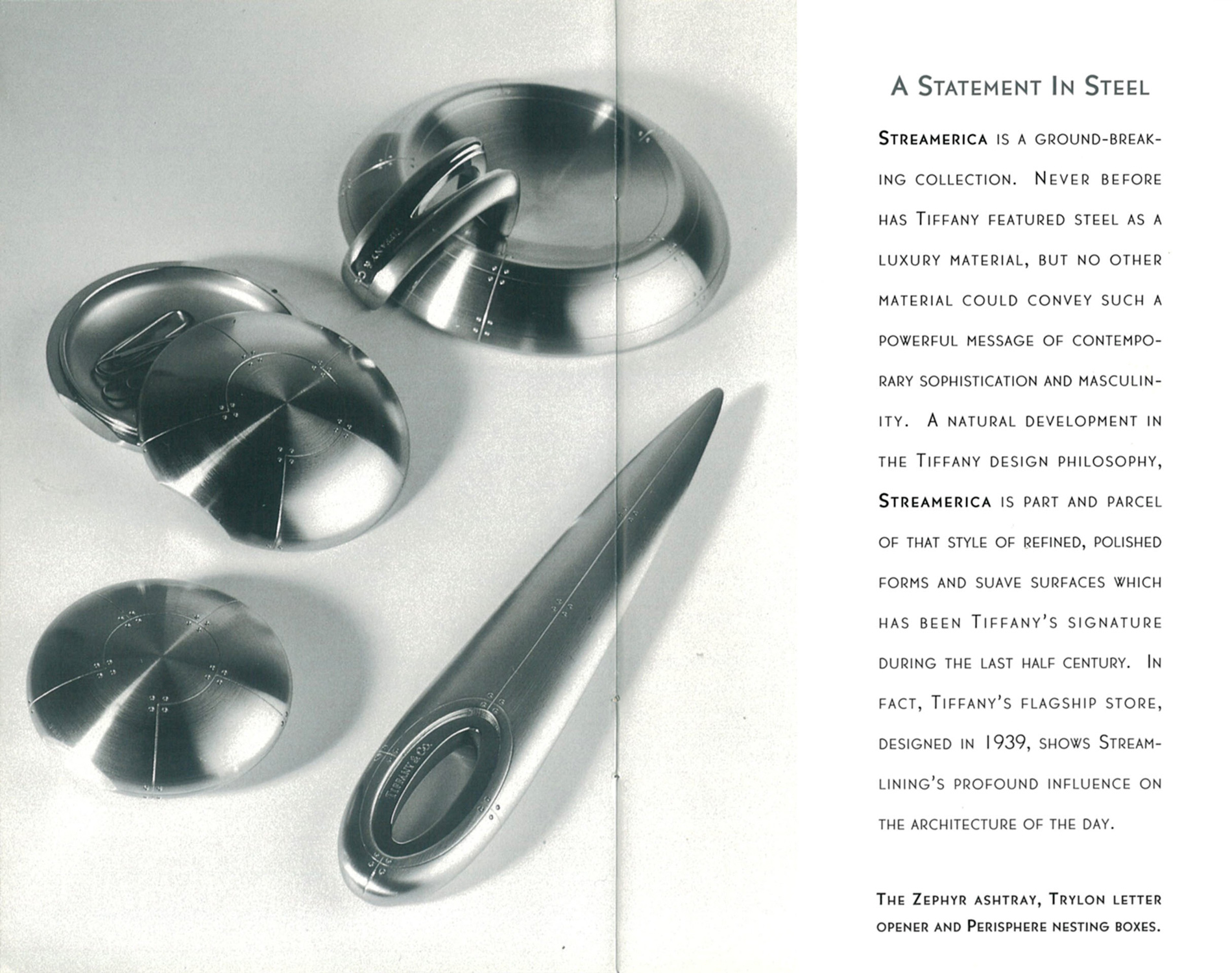 Catalog Advertisement 1993 A Statement in Steel Tiffany & and Co. Streamerica Stainless Steel Zephy Ashtray Home Collection Trylon Letter Opener Perisphere Nesting Boxes
