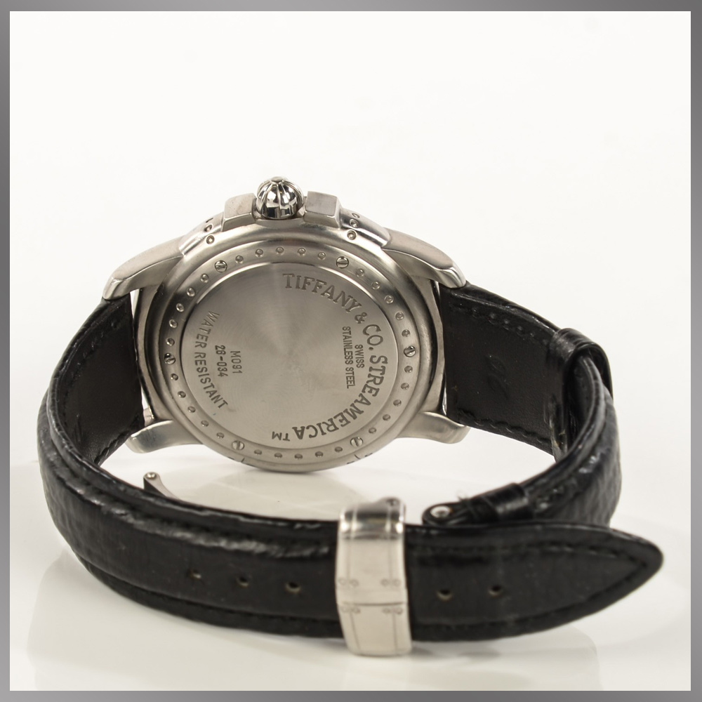 Backview of Streamerica Automatic Chronometer Wristwatch with Leather band and deployable buckle. Marked in Case: Stainless Steel, Swiss Made. Tiffany & Co. 