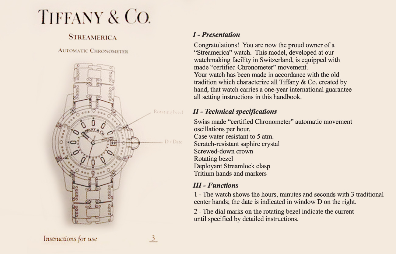 Recreation of a page from instruction manual Tiffany Streamerica Automatic Chronometer Tech specs