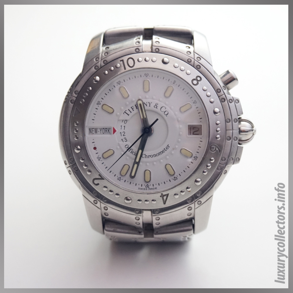 white dial face Streamerica World Time Automatic Chronometer Watch, Tritium hands markers Tiffany and Co.