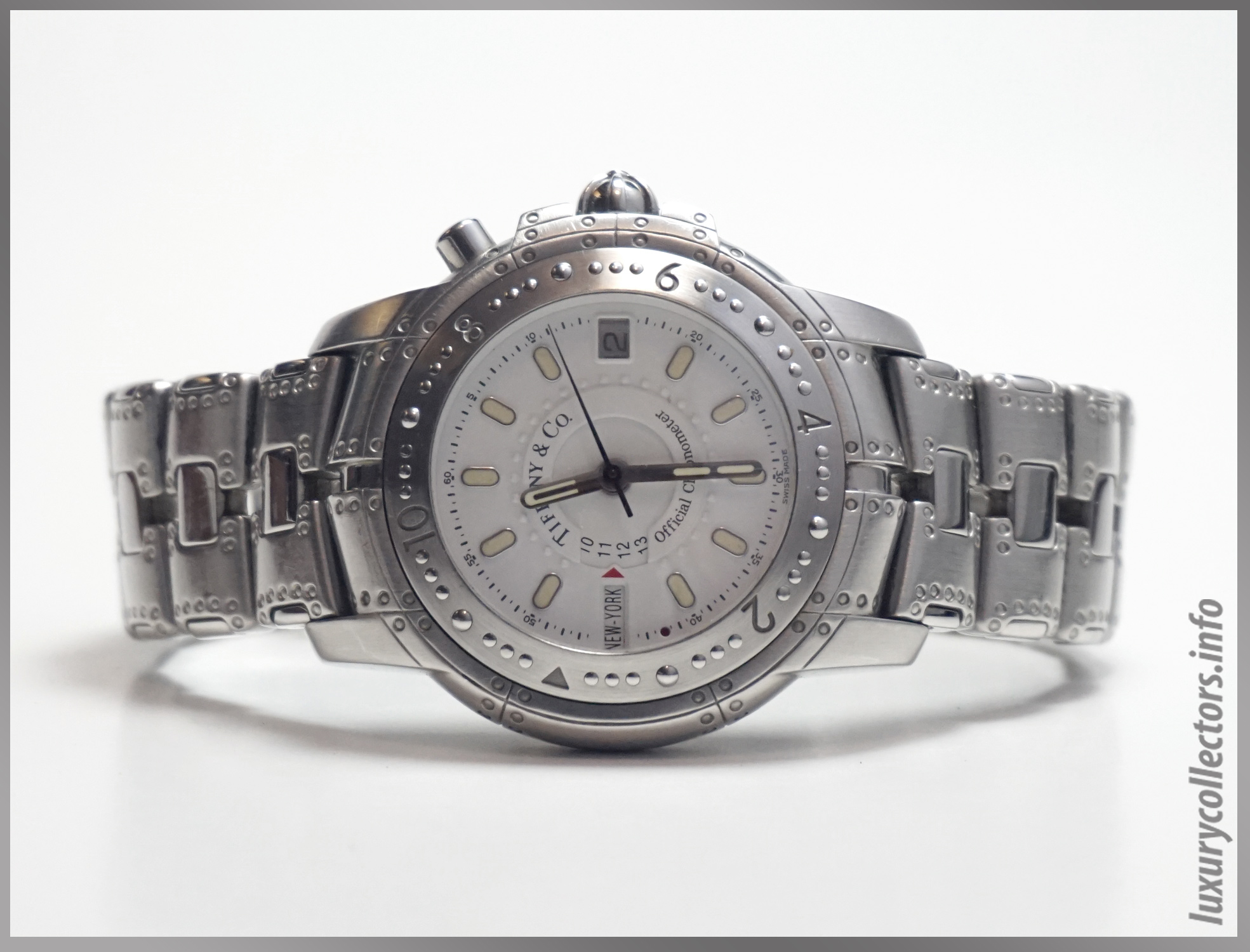 Tiffany & Co. Streamerica World Time Automatic Chronometer Wristwatch in all stainless steel and white face. 