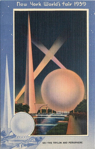 Postcard Linen from New York World's Fair of 1939 featuring the Trylon Obelisk and Perishphere Walkway Land of Tommorrow