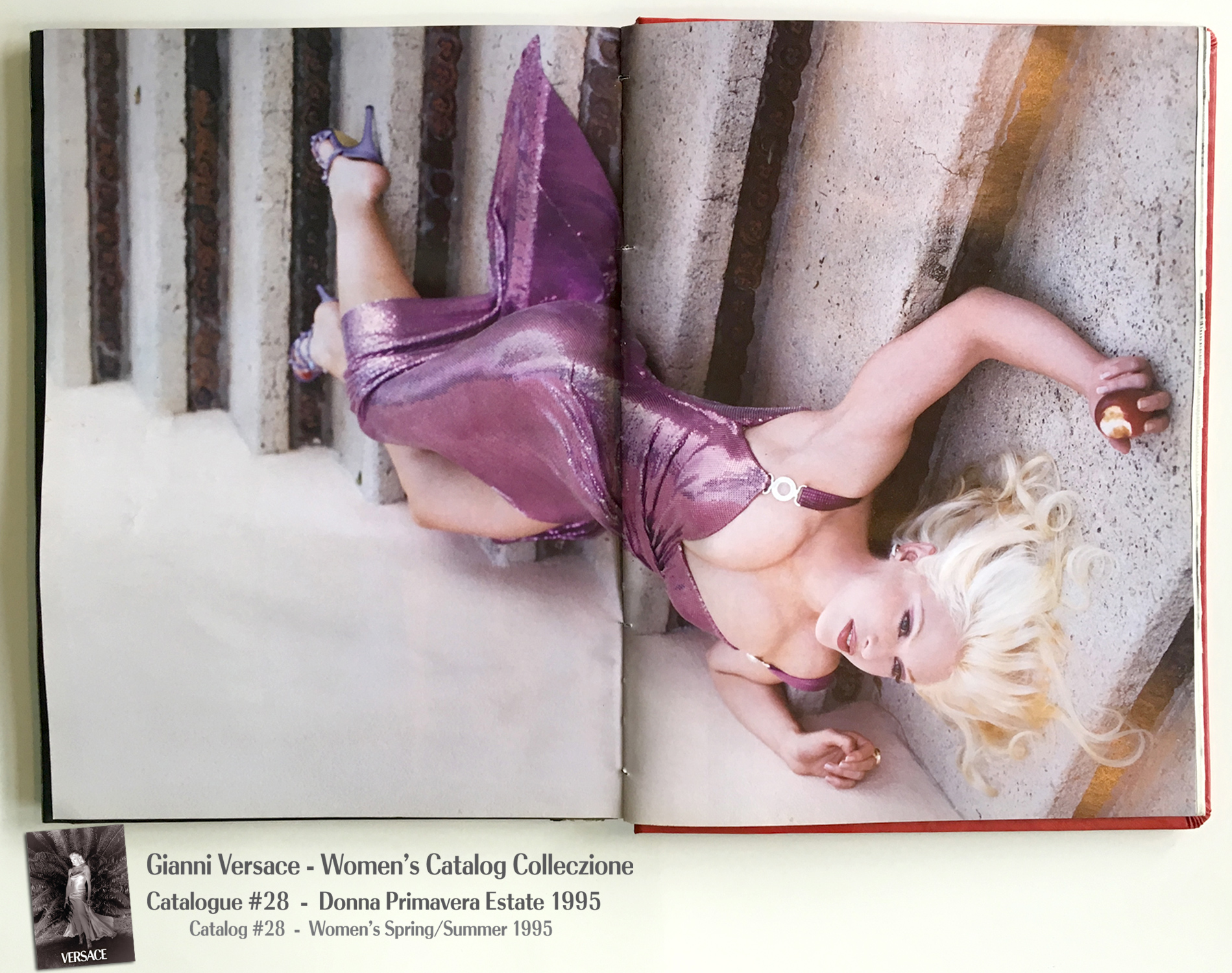 Poison Apple Snow White Purple dress Stairs fallen Steven Meisel Gianni Versace Donna Collezione Primavera Estate Woman’s Spring Summer Madonna Catalog Fashion Supermodels #28, 1995