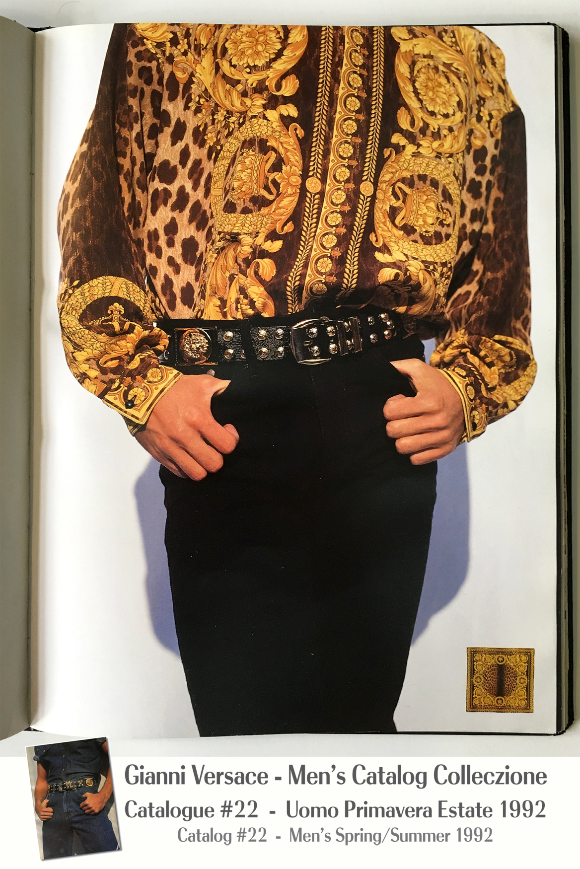 Leopard Baroque Silk Print Scarf Shirt Belt Medusa A Page Selection from Gianni Versace Men’s Uomo Catalog Catalogue #22 – Spring/Summer Primavera Estate 1992