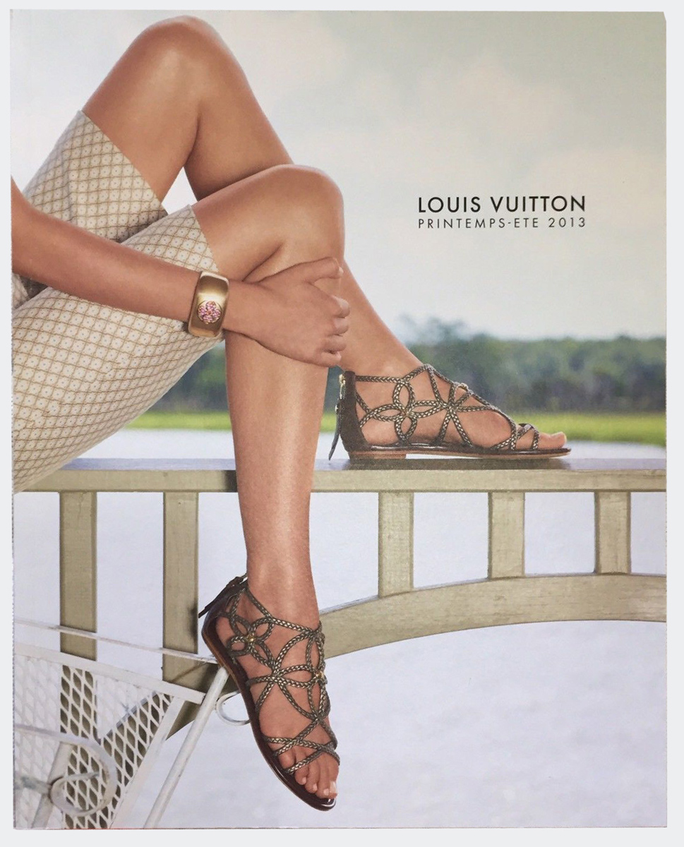 Louis Vuitton Fashion Catalog Spring Summer Men Women RTW Cover Printemps Ete Paris Marc Jacobs 2013 Kilim Sandals in Metalic Leather Logo Flower