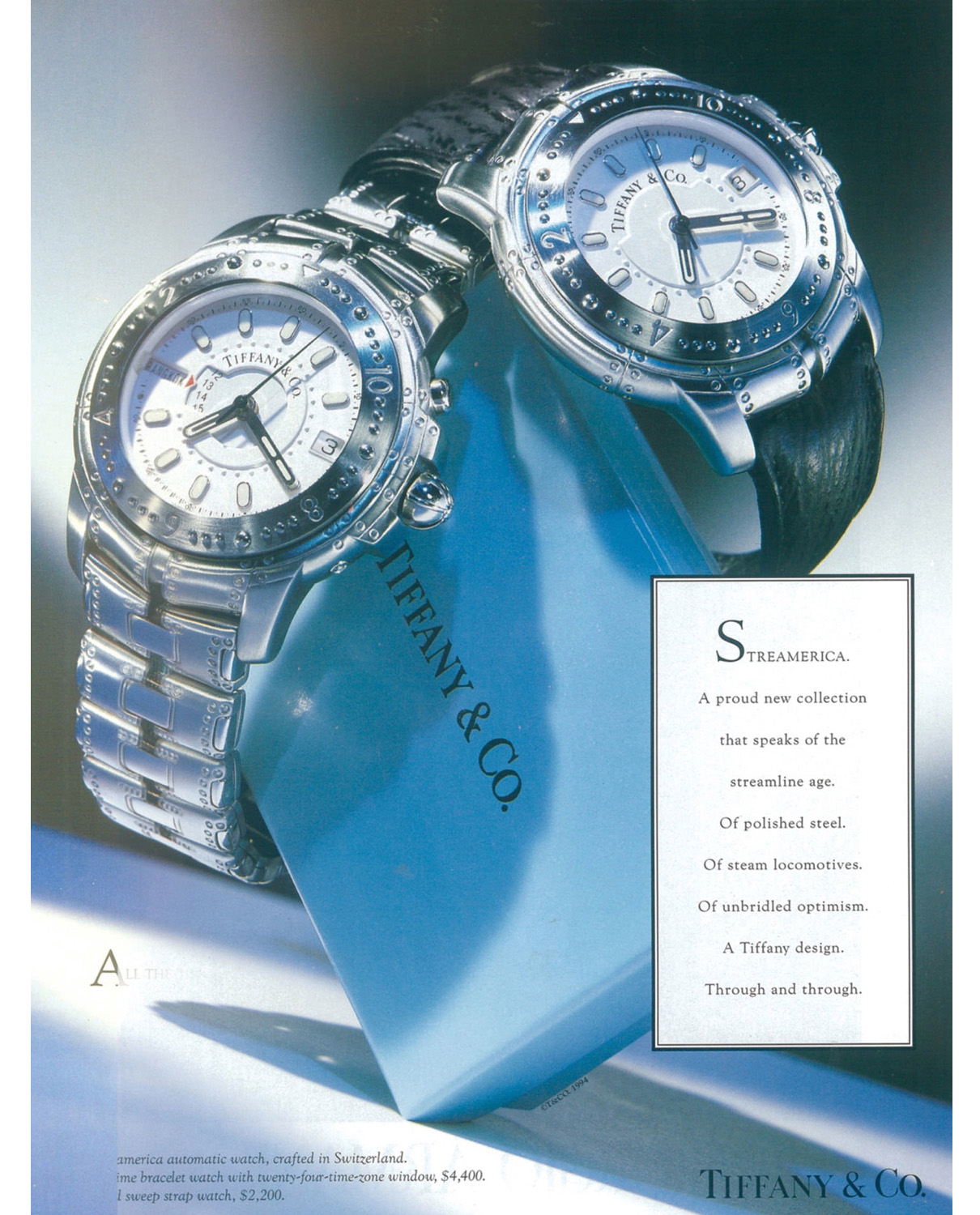 Original advertisement 1993 from Tiffany & Co. Streamerica Stainless steel World Time Automatic Watch, and Automatic Chronometer with leather band.