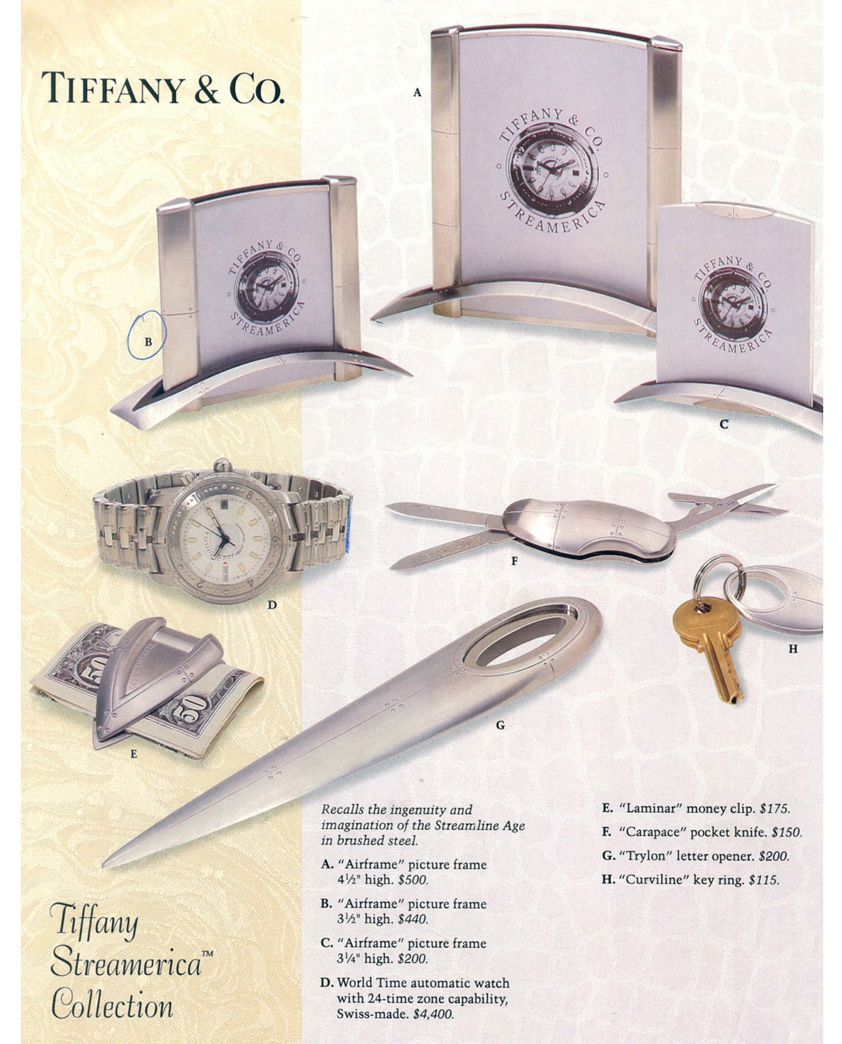 Page from a Yamrun jewelers catalog showcasing the Tiffany Streamerica Collection in 1993 in Stainless Steel.  Pictured here are the Airframe Picture Frames, The World Time Automatic Watch in all stainless steel, a smaller Carapace Pocket Knife, Laminar Money Clip, Trylon Letter Opener, and Curviline Key Ring, all with 1993 prices.